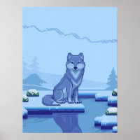 Pixel Art Wolf in a Snowy Landscape