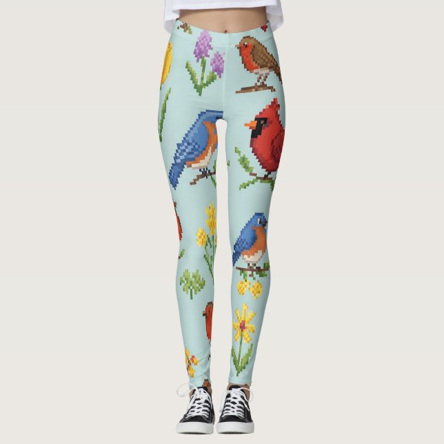 Pixel Birds and Flowers Leggings (Front)