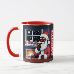 Pixel Black Santa Naughty Or Nice Night with Coco Mug
