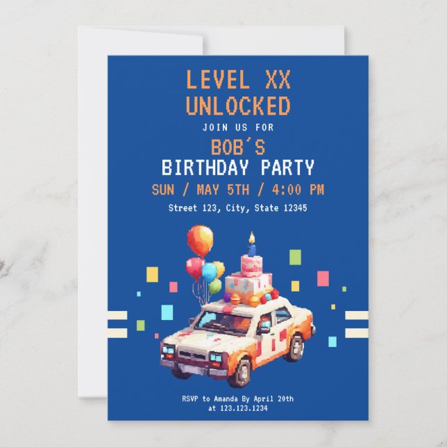 Pixel Blue & Orange Car Gaming Birthday Invitation (Front)