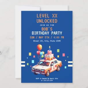 Pixel Blue & Orange Car Gaming Birthday Invitation