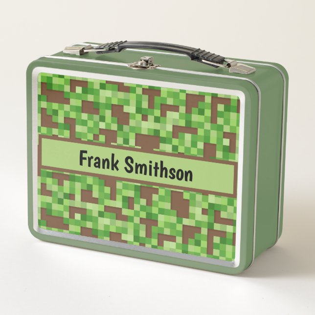 Pixel Camo Gamer Gift Wrap in Green and Brown Metal Lunch Box (Front)