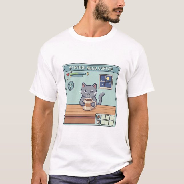 Pixel Cat Need Coffee – Retro RPG Game Status T-Shirt (Front)