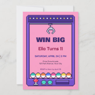 Pixel Claw Machine Arcade 11th Birthday Invitation