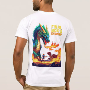 Pixel dragon boss breathing fire at tiny hero  T-Shirt