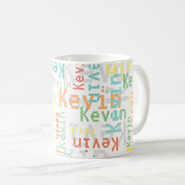Pixel font repeating colour names all-over white coffee mug (Front Right)