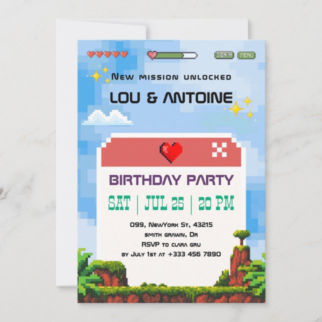 Pixel Gamer Birthday Invitation (Front)