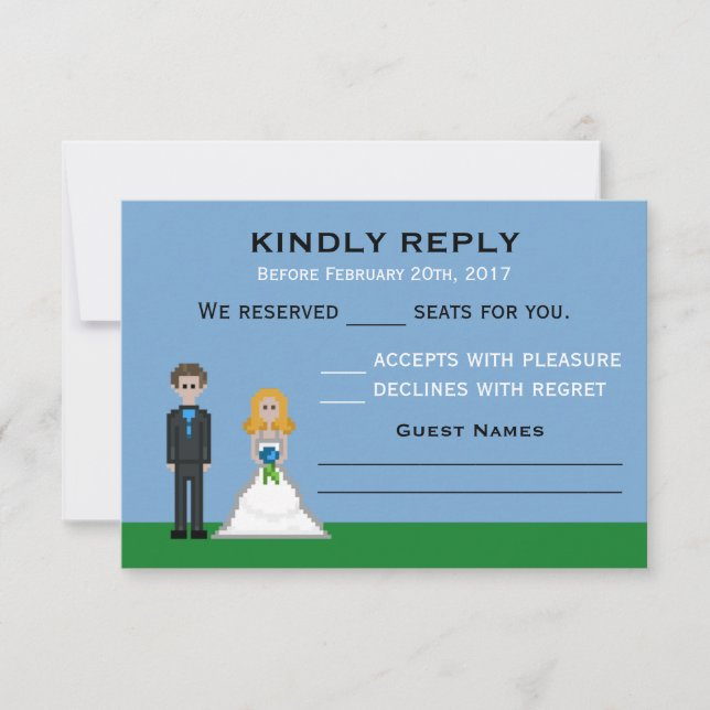 Pixel Gamer Blonde Bride & Groom Wedding RSVP (Front)