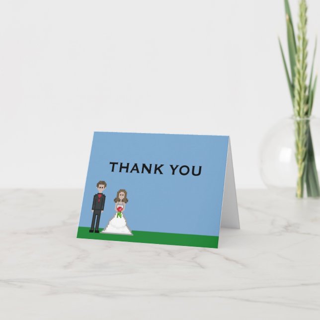 Pixel Gamer Bride & Groom Wedding Thank You Cards (Front)