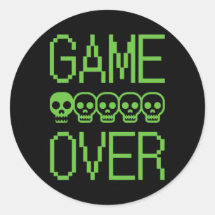 Pixel Gamer Skull Game Over Retro Video Game Arcad Classic Round Sticker