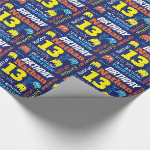 Pixel gaming alien 13th birthday bright custom wrapping paper