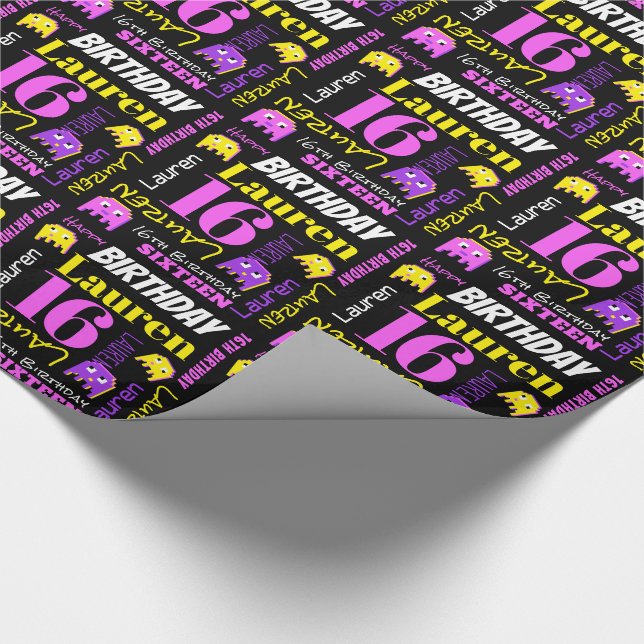 Pixel gaming alien 16th birthday custom girls wrapping paper (Corner)
