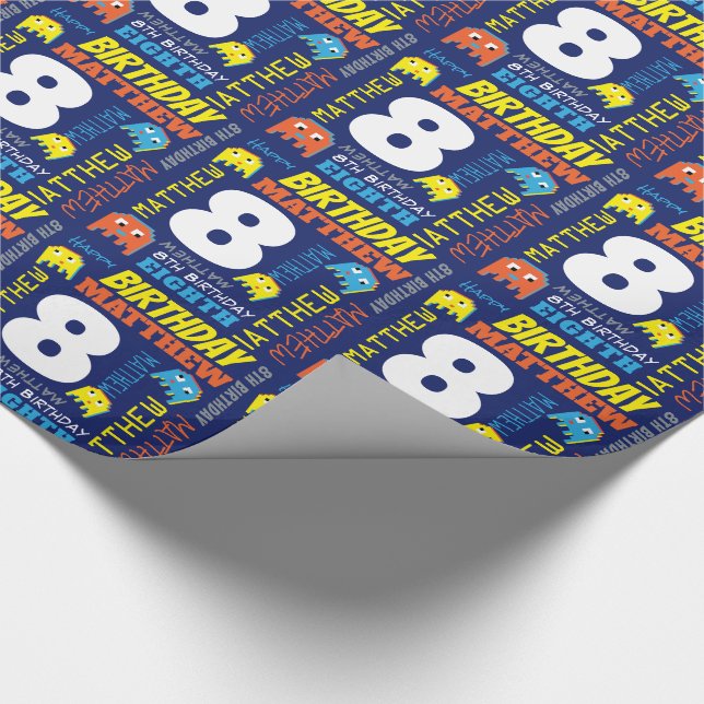Pixel gaming alien 8th birthday bright custom wrapping paper (Corner)