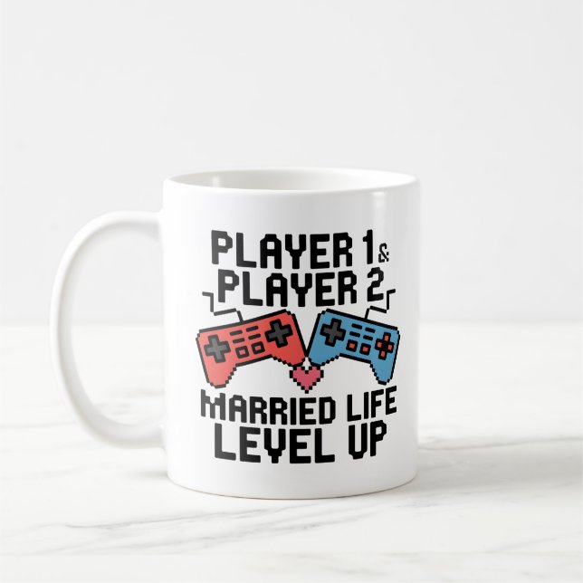 Pixel Gaming Couple Level Up Design Coffee Mug (Left)