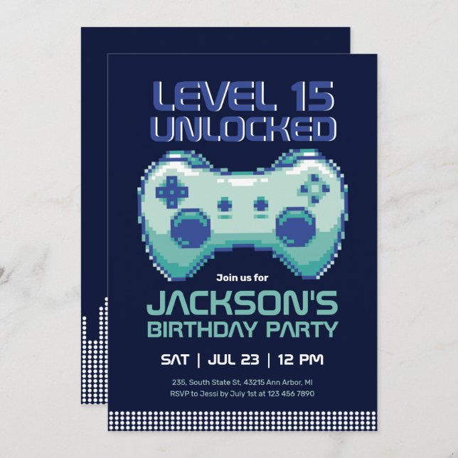 Pixel Gaming Gamer Boy Video Games Player Birthday Invitation (Front/Back)