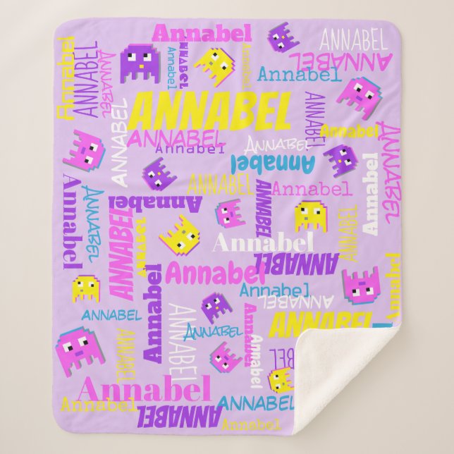 Pixel gaming pink purple yellow girls name sherpa blanket (Front)