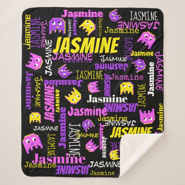 Pixel gaming pink yellow black girls name sherpa blanket (Front)