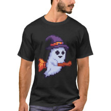 Pixel Ghost on Broom - Halloween Retro Design