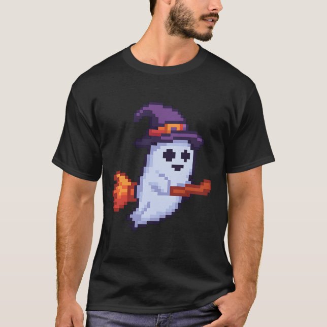 Pixel Ghost on Broom - Halloween Retro Design T-Shirt (Front)