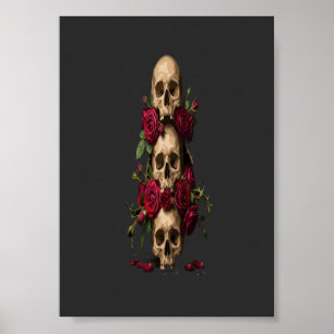 Pixel Gothic Skulls Red Roses Dark Fantasy Illustr Poster