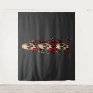 Pixel Gothic Skulls Red Roses Dark Fantasy Illustr Tapestry
