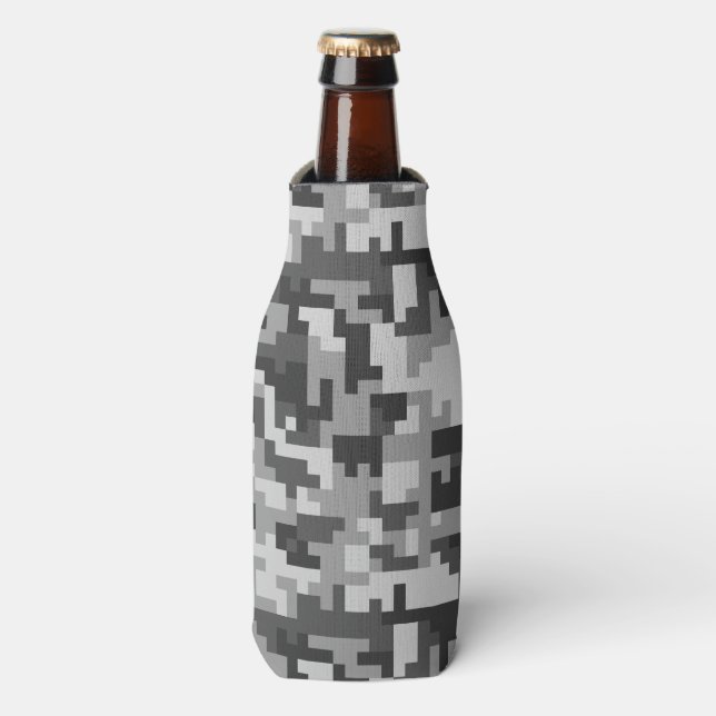 Pixel Grey and Black Army pattern Bottle Cooler (Bottle Front)