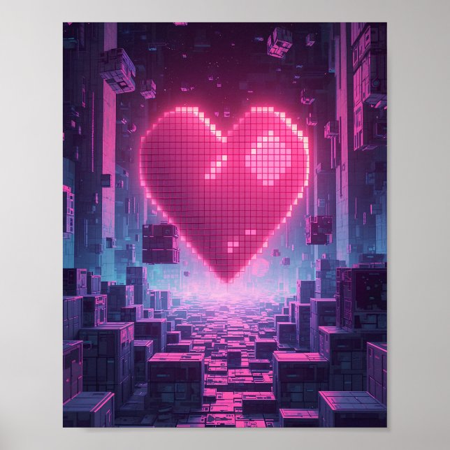 Pixel Heart Neon City — Futuristic Gaming Poster (Front)