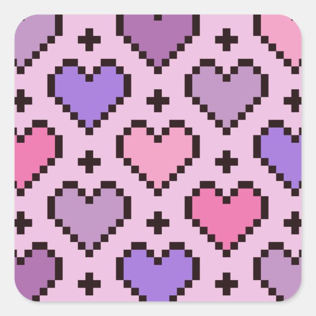 Pixel heart pattern pink and purple  square sticker (Front)