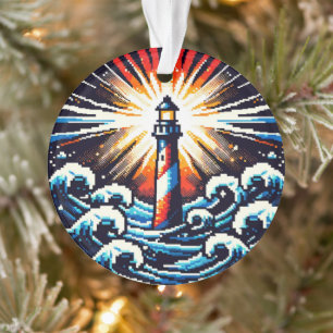Pixel Lighthouse in Stormy Seas Ornament