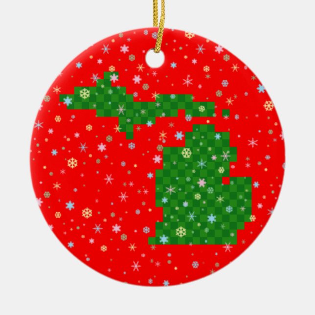 Pixel Michigan and Pastel Snowflakes Ceramic Tree Decoration (Front)