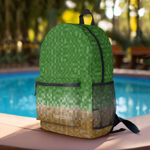 Pixel Miner Custom Name - Green Brown Kids Printed Backpack