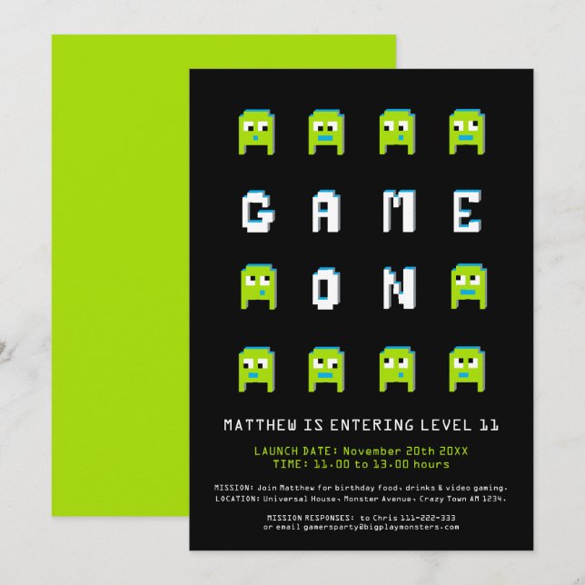 Pixel monster alien 11th gaming birthday party invitation (Front/Back)