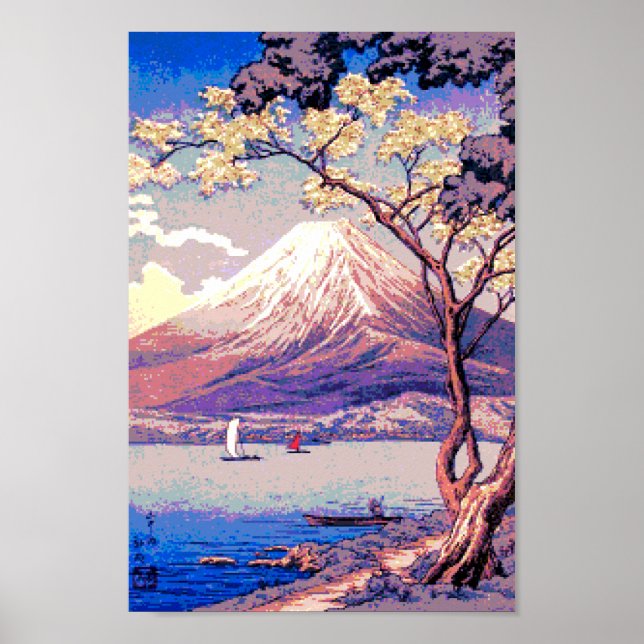 Pixel Mt. Fuji from Lake Yamanaka in Dusk Poster (Front)