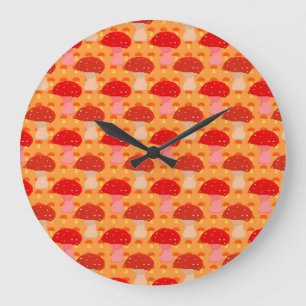Pixel Mushroom Pattern - Orange Background Throw P Large Clock