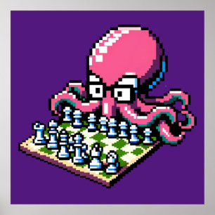 Pixel Octopus Chess Retro Strategy Board Game Art Poster
