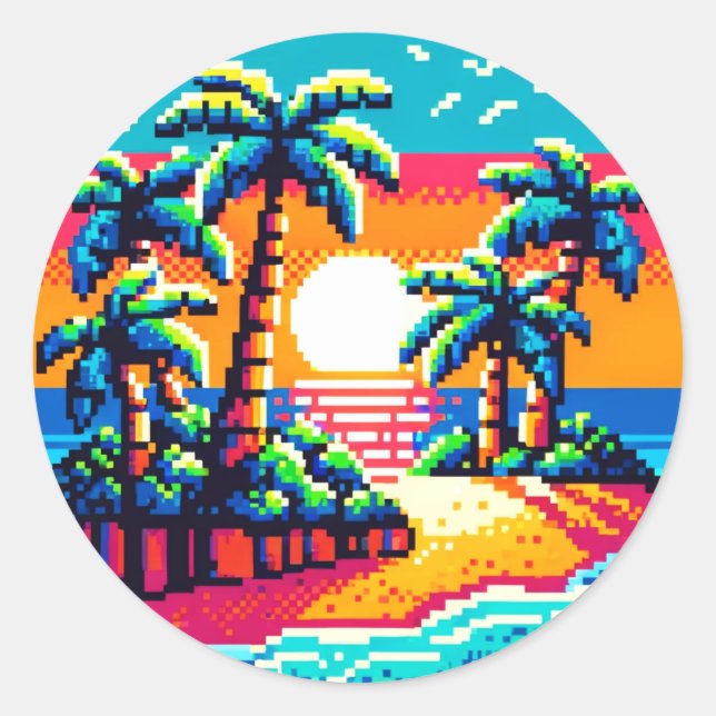 Pixel Palms: Tropical Serenity Classic Round Sticker (Front)