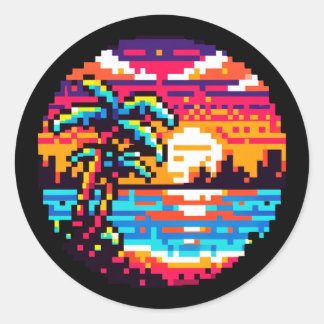 Pixel Paradise: 8-Bit Tropical Sunset Retro Nature Classic Round Sticker