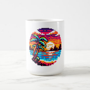 Pixel Paradise: 8-Bit Tropical Sunset Retro Nature Coffee Mug