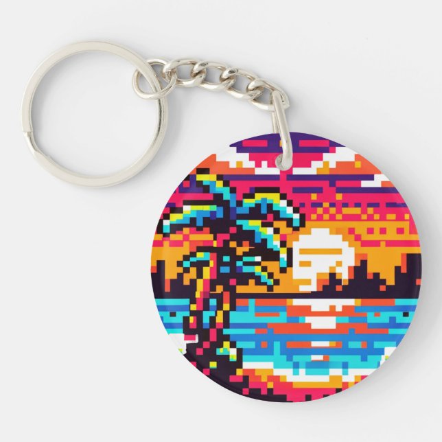 Pixel Paradise: 8-Bit Tropical Sunset Retro Nature Key Ring (Front)