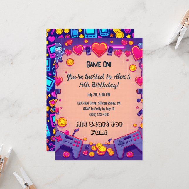 Pixel Party Birthday Invitation Retro Gamer Theme (Front/Back In Situ)