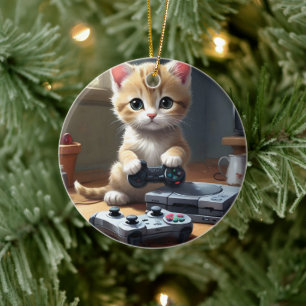 "Pixel Paws: The Gamer Kitten in Action" Ceramic Tree Decoration