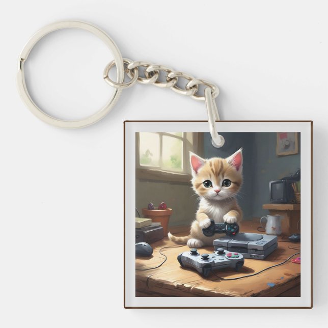 "Pixel Paws: The Gamer Kitten in Action" Key Ring (Front)