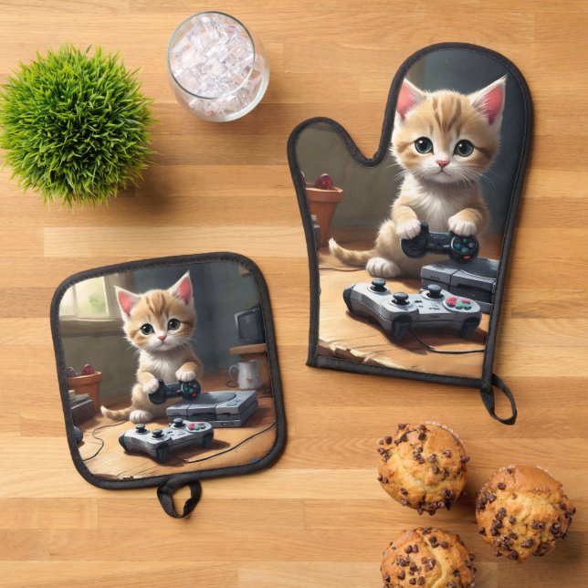 "Pixel Paws: The Gamer Kitten in Action" Oven Mitt & Pot Holder Set (Top Down)