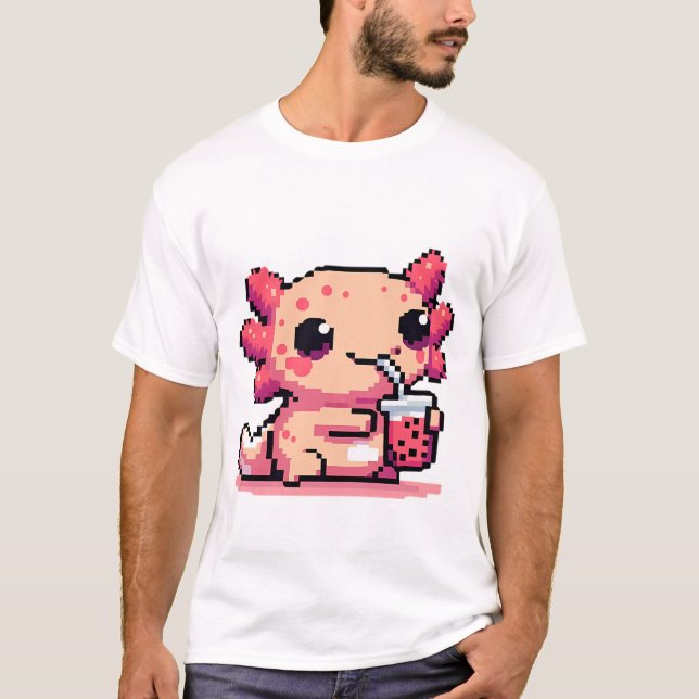 Pixel-Perfect Axolotl Sipping Boba T-Shirt (Front)