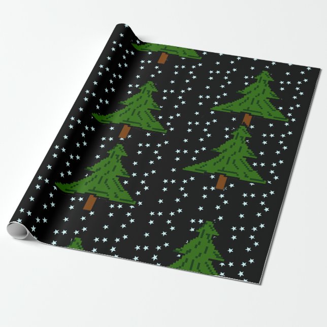 Pixel Pine Forest Starry Night Wrapping Paper (Unrolled)