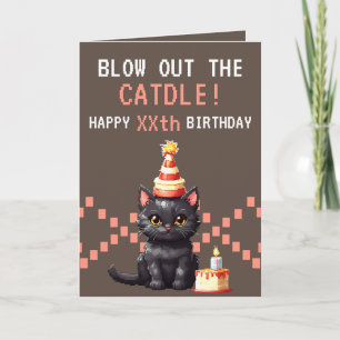 Pixel Pink & Brown Cat Cake Gamer Birthday Card