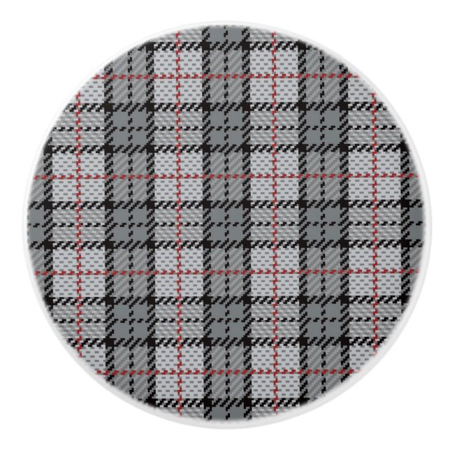 Pixel Plaid in Grey with Red Stripe Ceramic Knob (Front)
