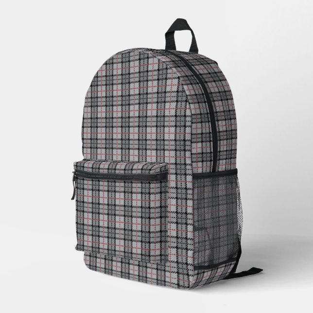 Pixel Plaid in Grey with Red Stripe Printed Backpack (Back Corner Right)