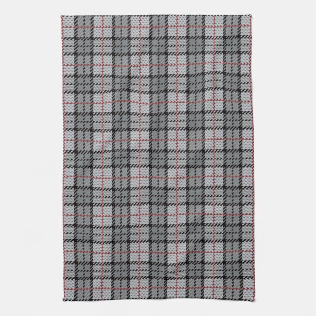 Pixel Plaid in Grey with Red Stripe Tea Towel (Vertical)