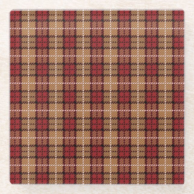 Pixel Plaid in Red and Gold Glass Coaster (Front)